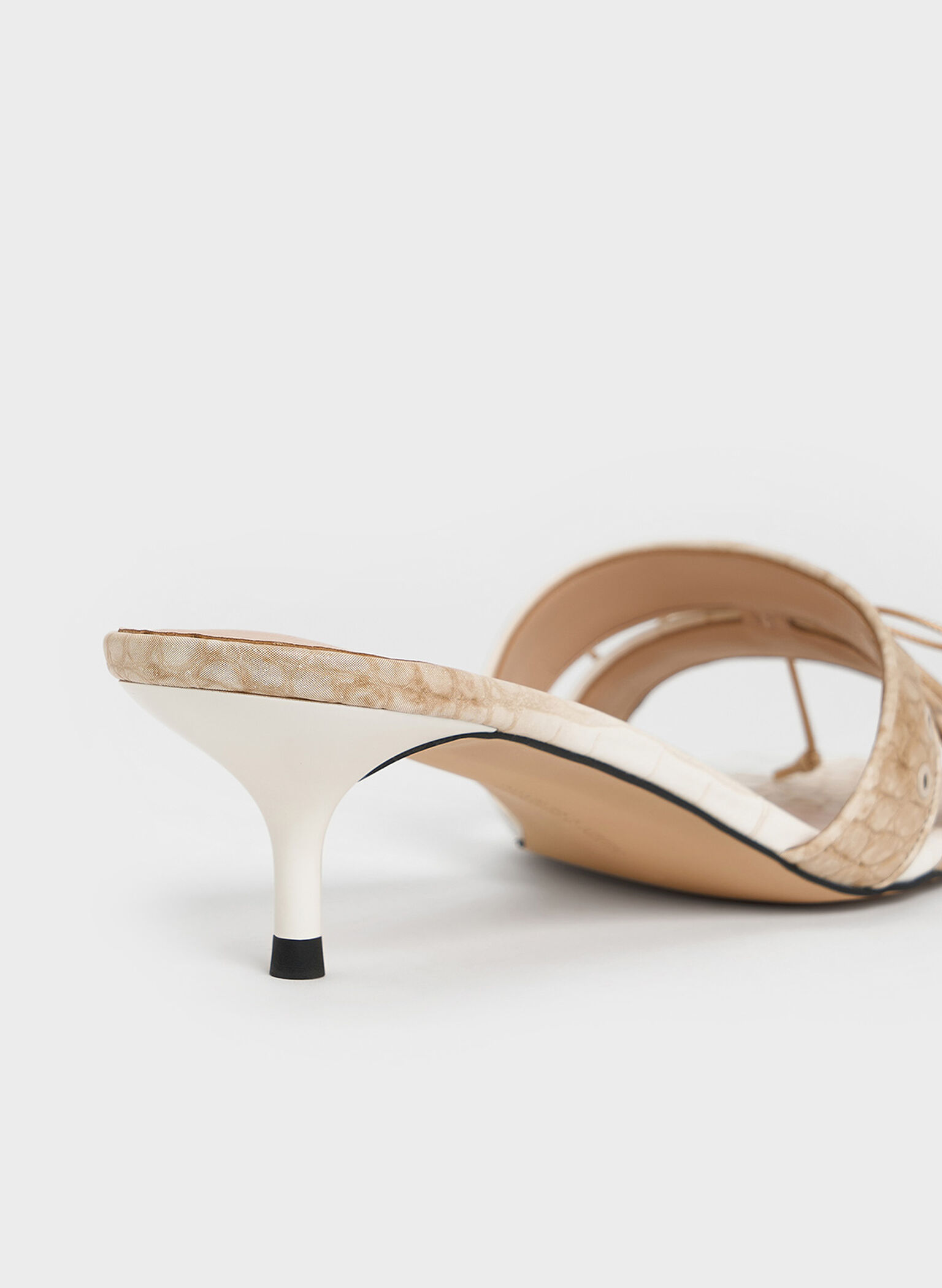 Croc-Effect Lace-Up Double-Strap Kitten-Heel Mules, Chalk, hi-res
