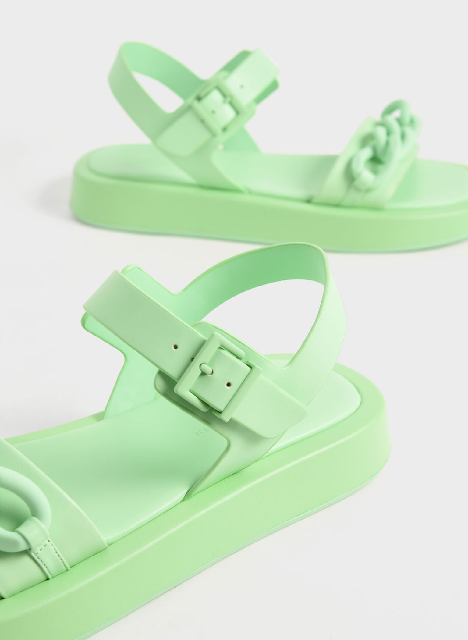 Chunky Chain-Link Ankle-Strap Padded Sandals, Green, hi-res