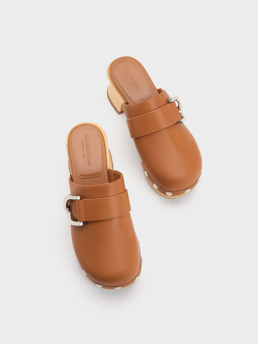 Gabine Studded Leather Clogs, Brown, hi-res