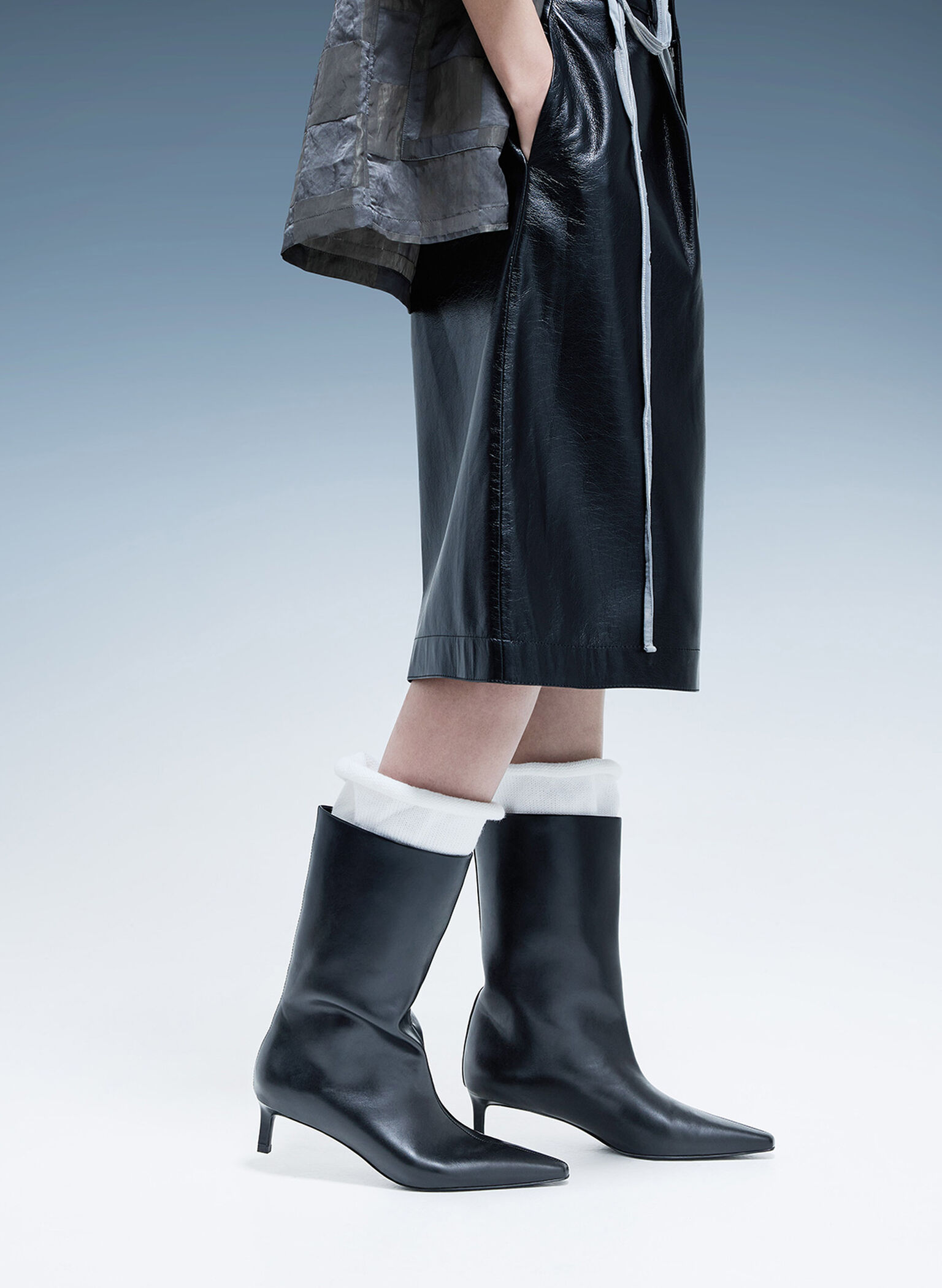 Elongated Square-Toe Kitten-Heel Calf Boots, Black, hi-res