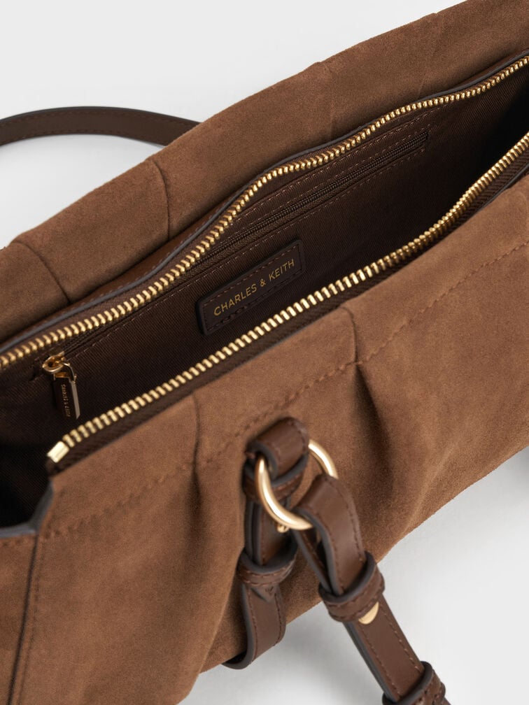 Britton Recycled Suede Ruched Elongated Shoulder Bag, Mocha Brown, hi-res