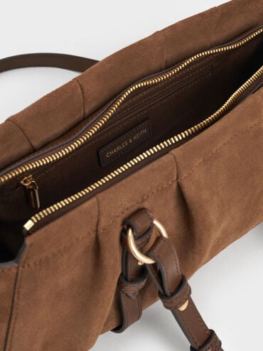 Britton Recycled Suede Ruched Elongated Shoulder Bag, Mocha Brown, hi-res