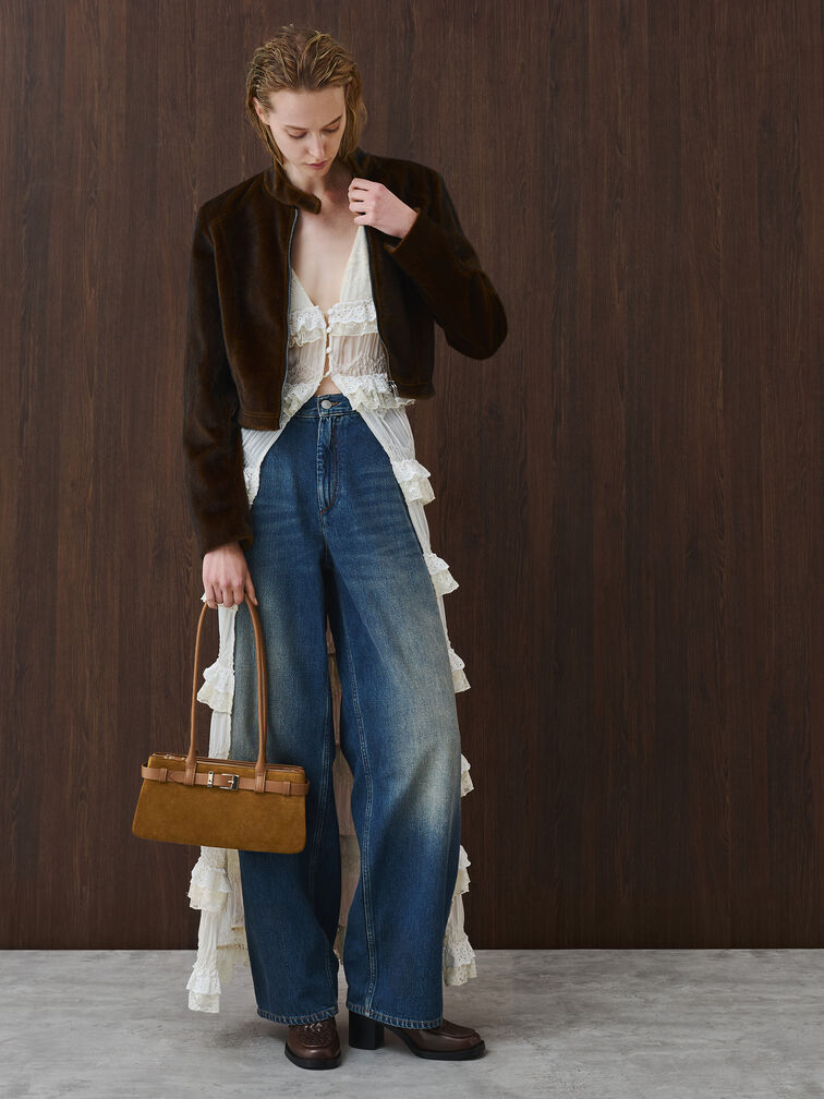 Jody Suede Belted Shoulder Bag, Ember Brown, hi-res