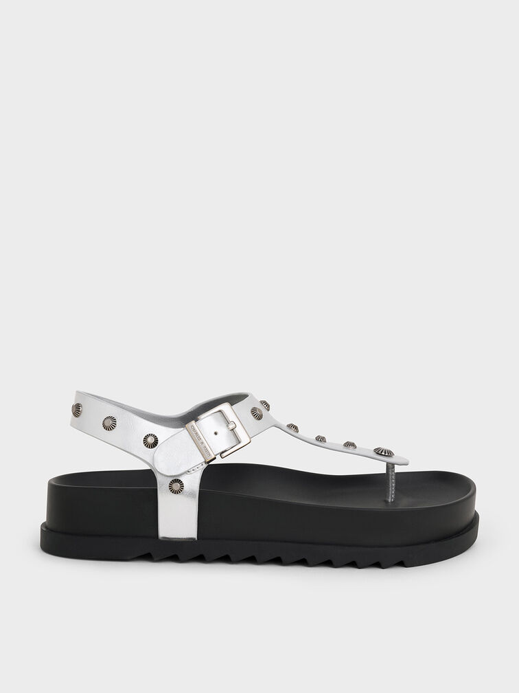 Metallic Studded Heart-Embellished Thong Sandals, Silver, hi-res