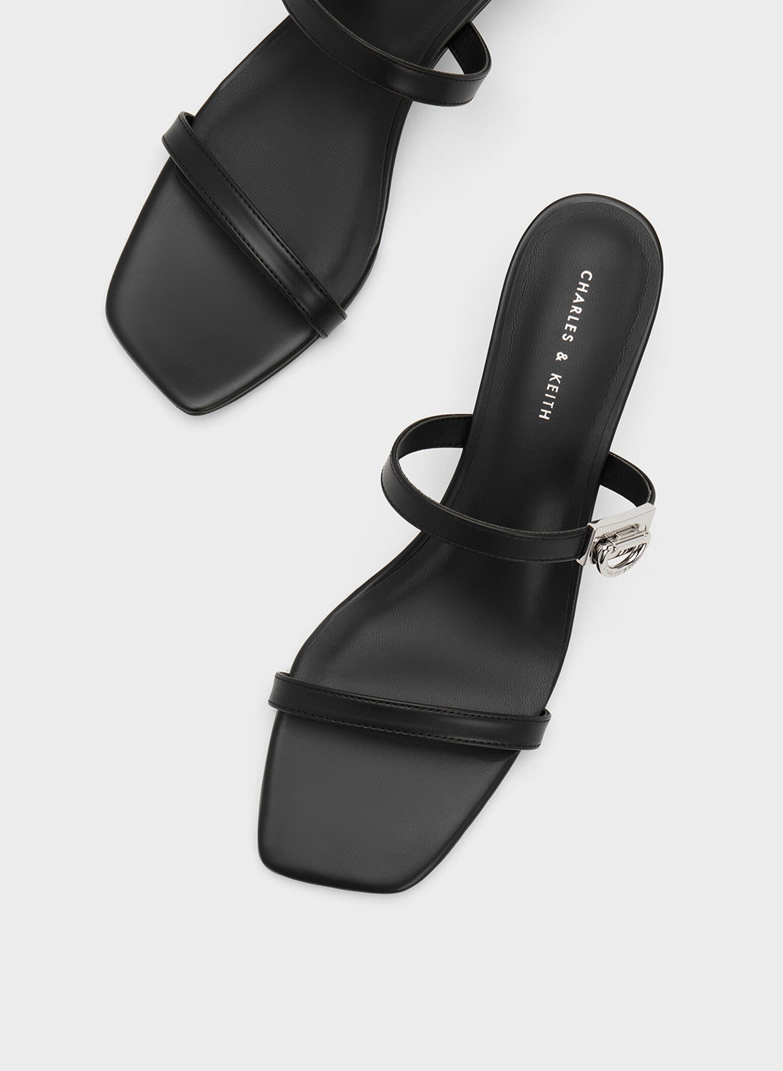 Black Metallic Accent Double Strap Mules - CHARLES & KEITH UK