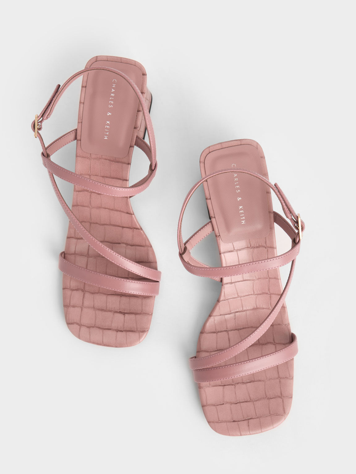 Croc-Effect Asymmetric Slingback Sandals, Pink, hi-res