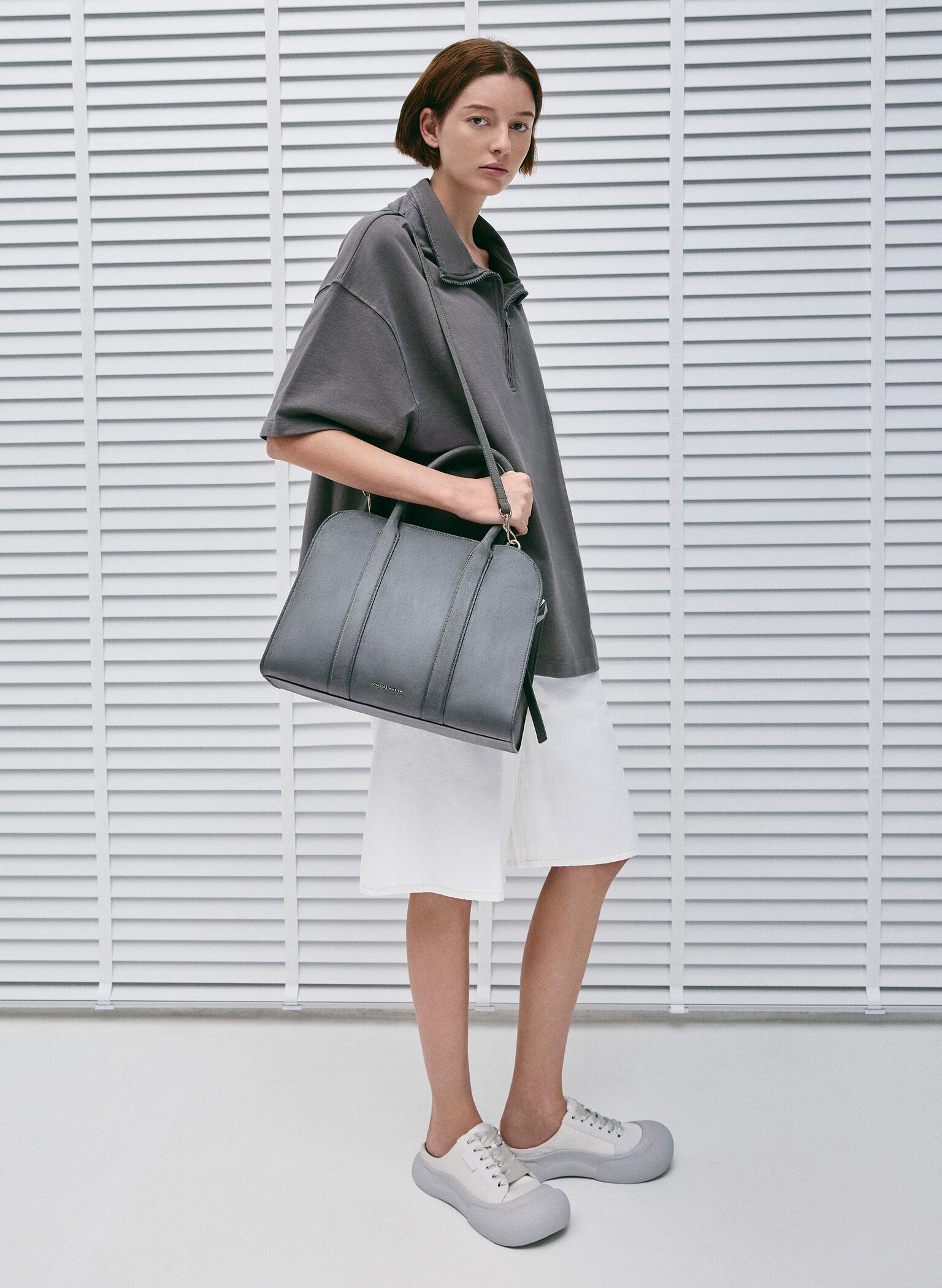 Axel Faux Suede Bowling Bag, Grey, hi-res