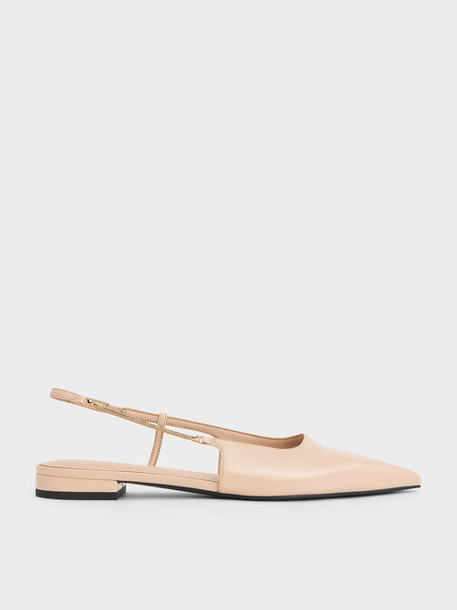 Chain-Strap Pointed-Toe Slingback Flats, Nude, hi-res