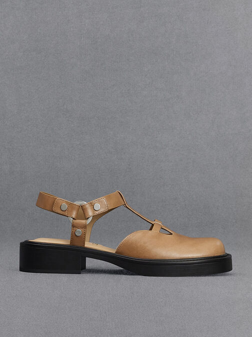 Leather Cut-Out T-Bar Sandals, Taupe, hi-res