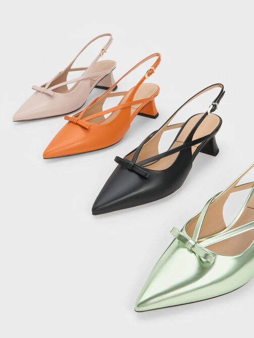 Leather Bow Strappy Slingback Pumps, Nude, hi-res