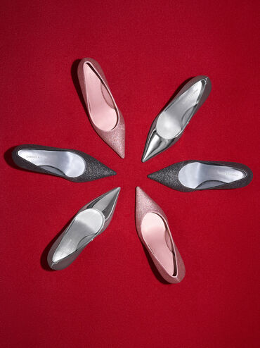 Metallic Cone-Heel Pointed-Toe Pumps, Silver, hi-res