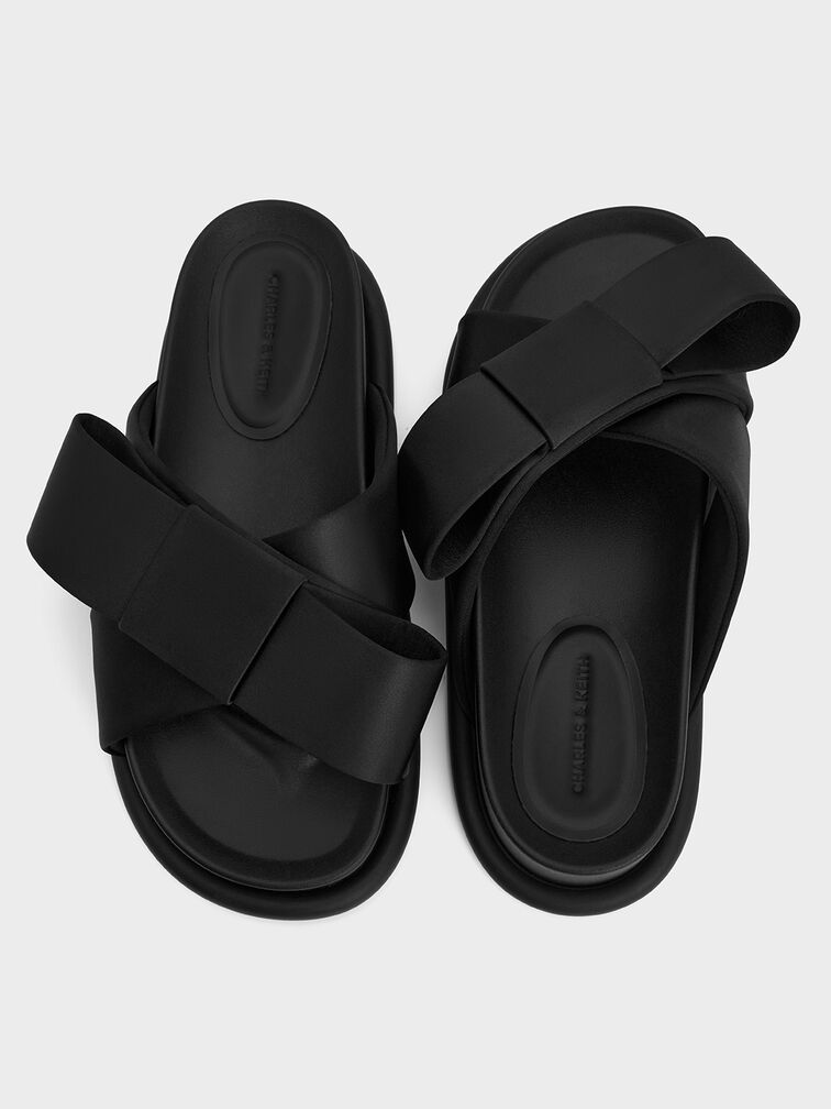 Satin Bow Flatform Sandals, Black Textured, hi-res