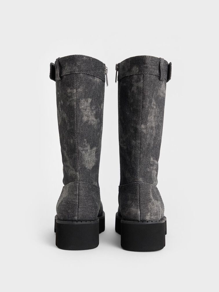 Denim Side-Zip Lug-Sole Calf Boots, Dark Grey, hi-res
