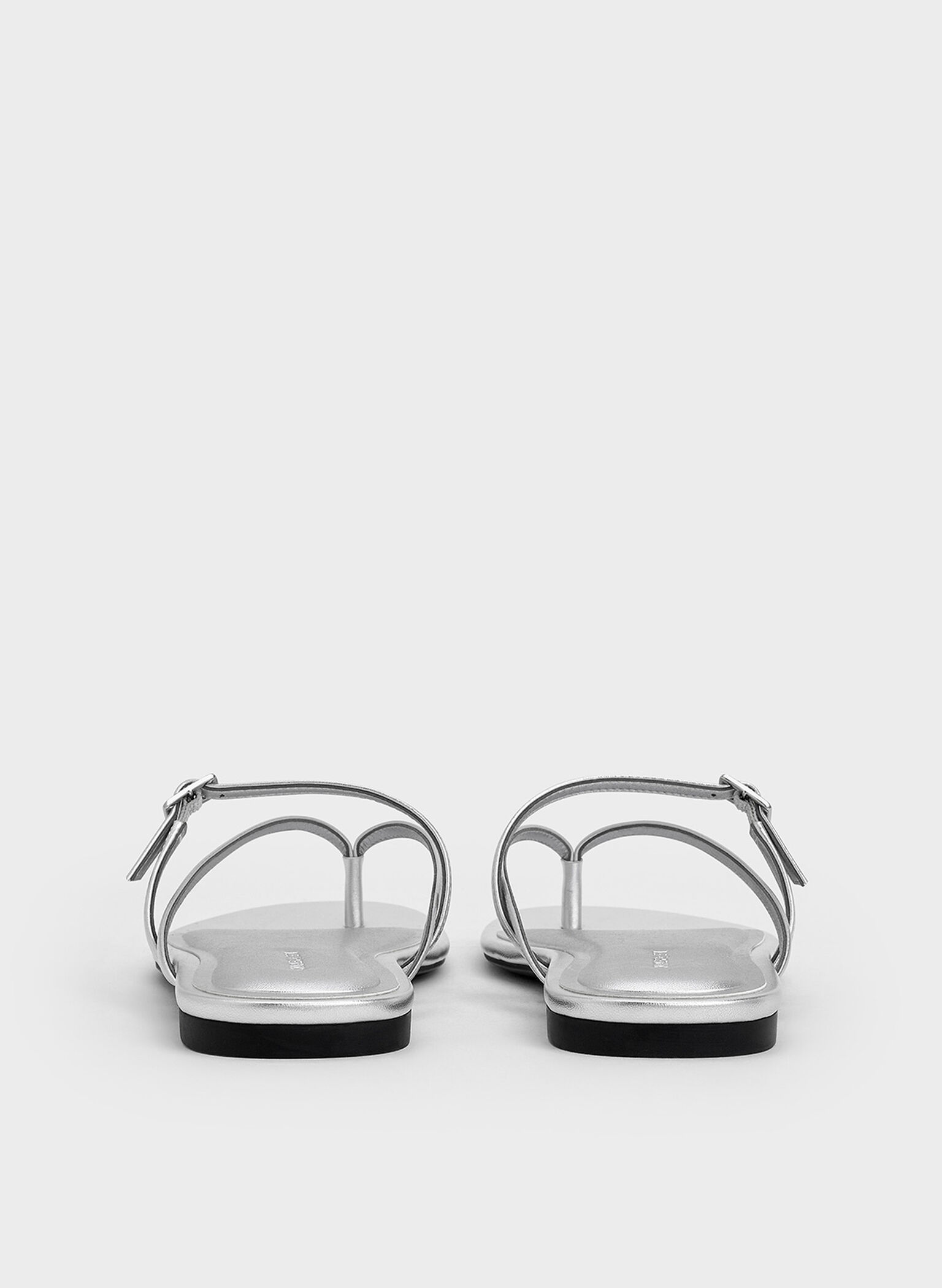 Metallic Crystal-Buckle Strappy Thong Sandals, Silver, hi-res