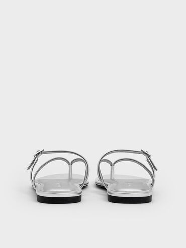 Metallic Crystal-Buckle Strappy Thong Sandals, Silver, hi-res