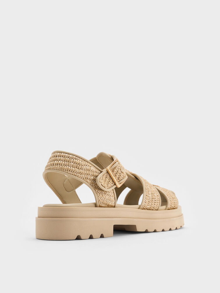 Raffia Caged Sandals, Taupe, hi-res