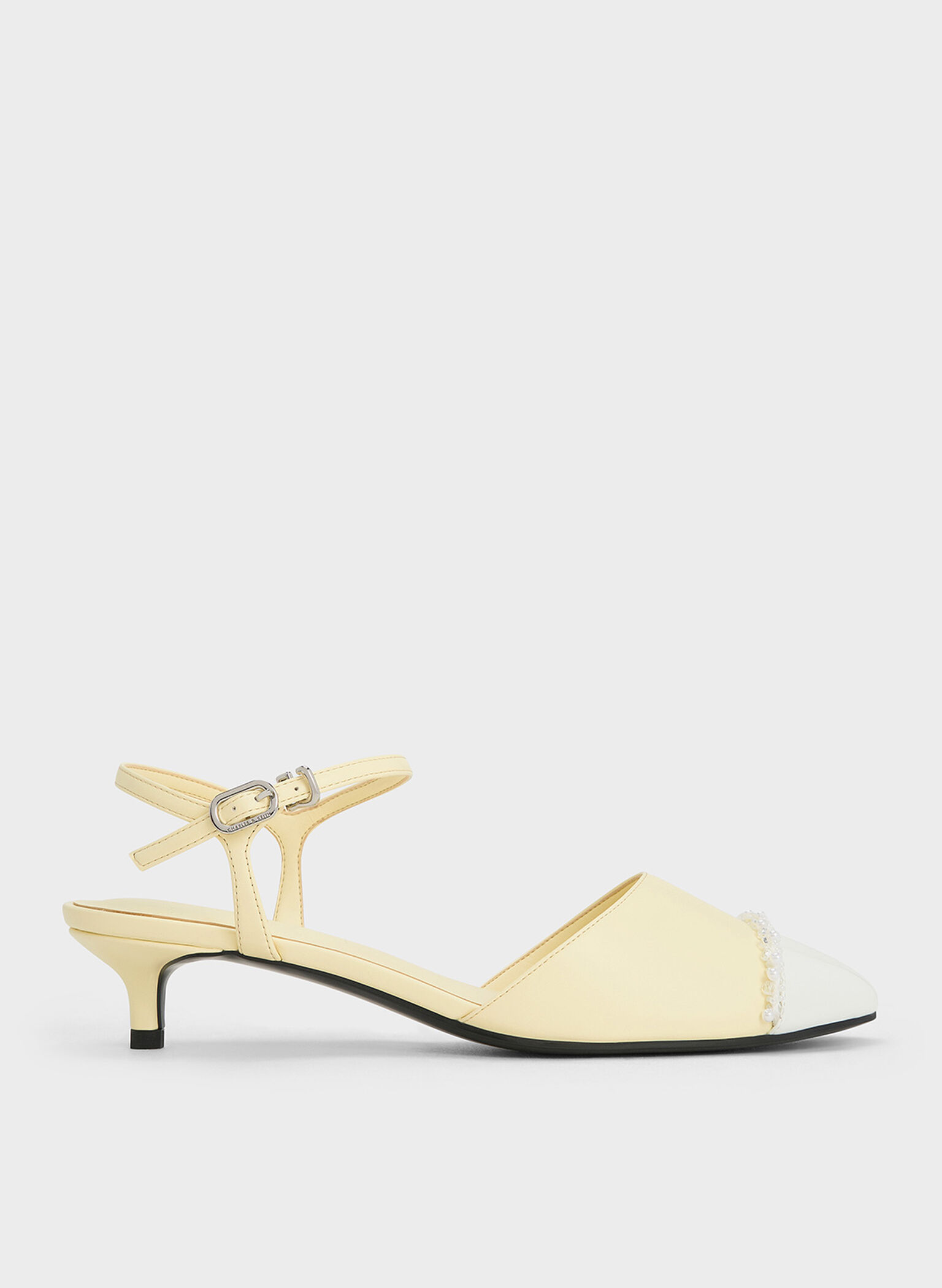 Pearl-Embellished Cap-Toe Kitten Heels, Butter, hi-res