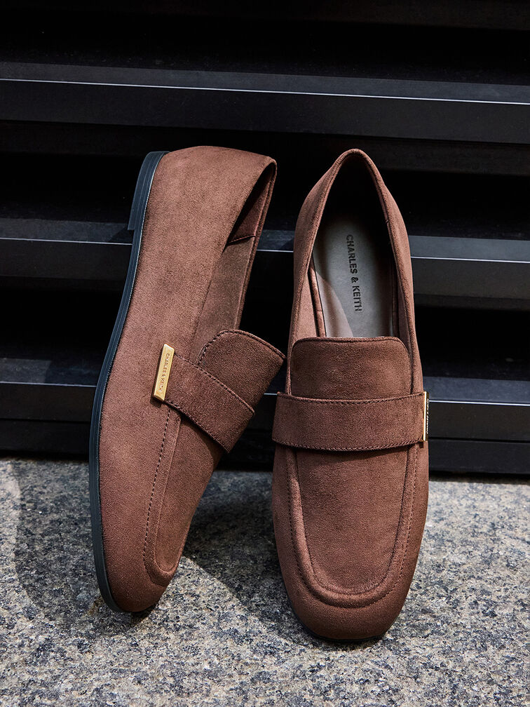 Faux Suede Almond-Toe Flat Loafers, Dark Brown, hi-res
