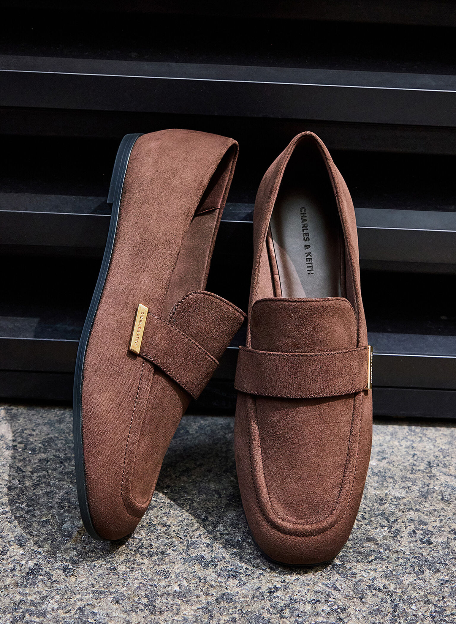 Faux Suede Almond-Toe Flat Loafers, Dark Brown, hi-res