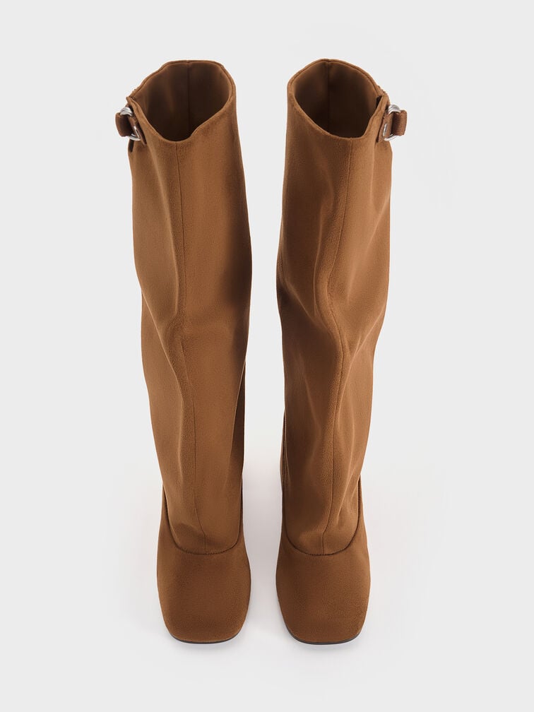 Robbie Faux Suede Side-Buckle Block-Heel Knee-High Boots, Brown, hi-res