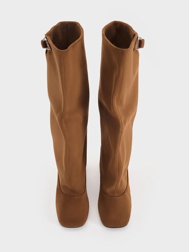 Robbie Faux Suede Side-Buckle Block-Heel Knee-High Boots, Brown, hi-res