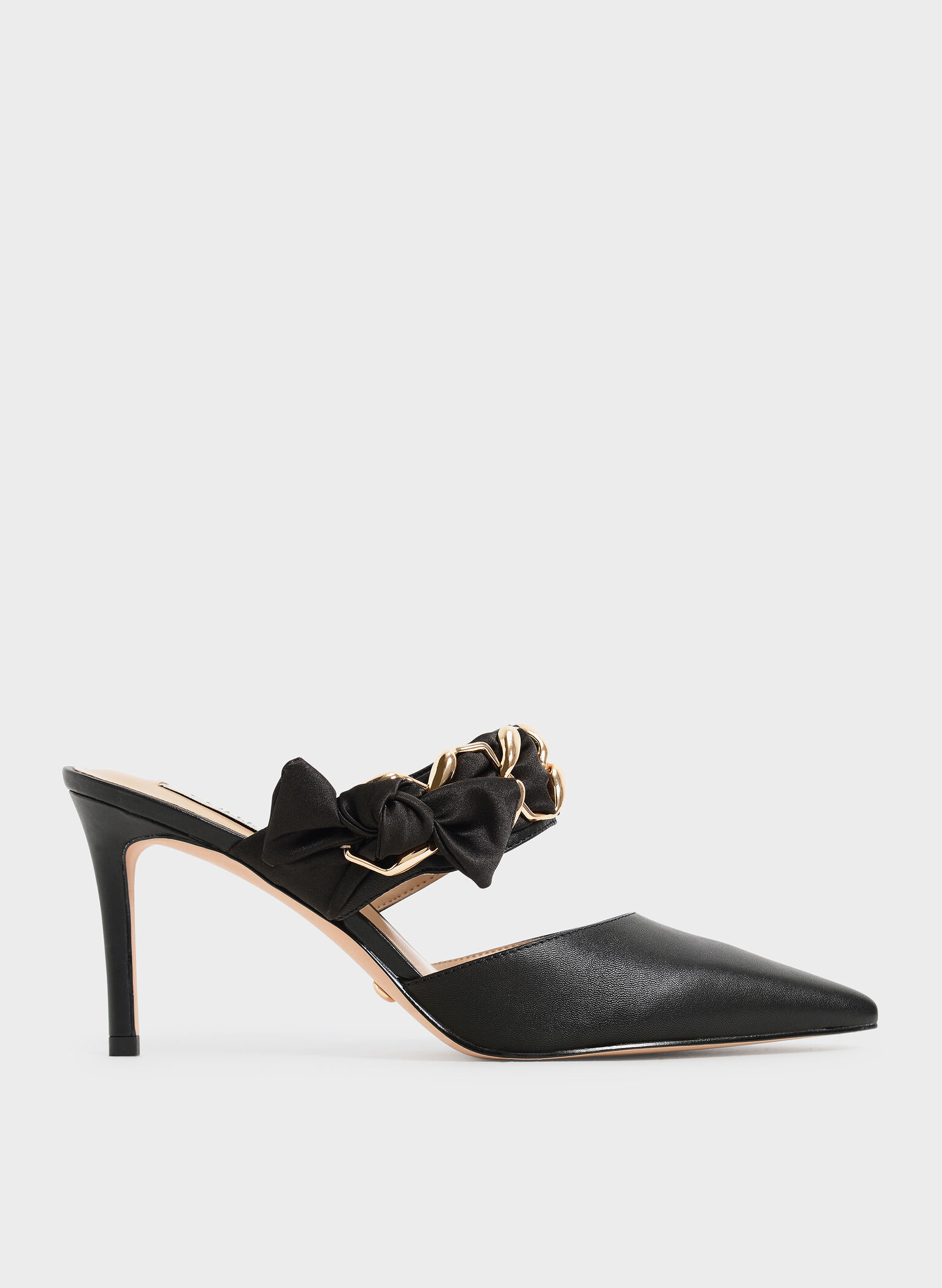 Satin Bow Leather Mules, Black, hi-res