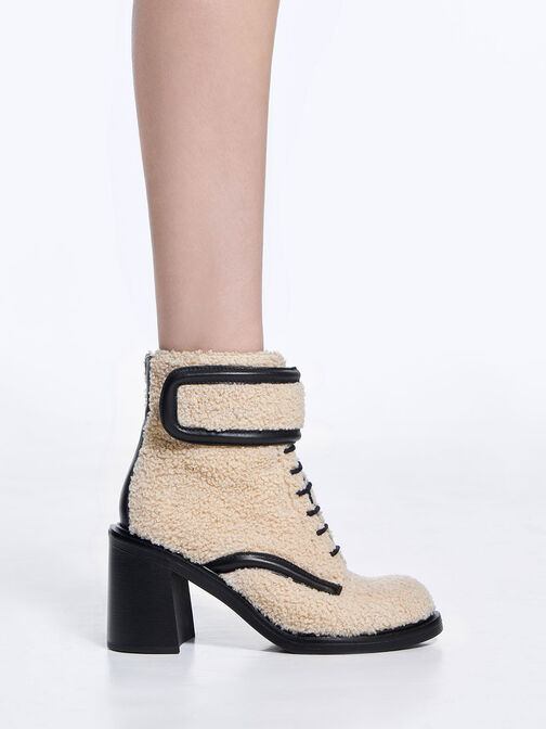 Rosalie Furry Leather Ankle Boots, Beige, hi-res