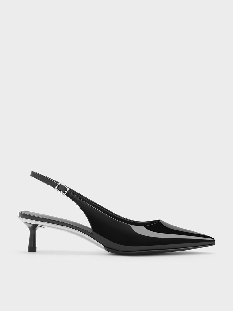 Curtis Patent Pointed-Toe Kitten-Heel Slingback Pumps, Black Patent, hi-res