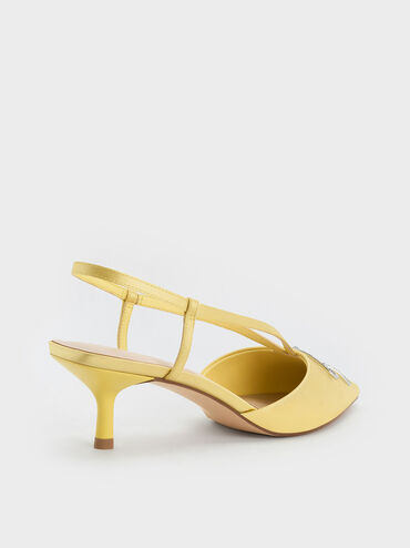 Recycled Polyester Crystal-Bow Kitten-Heel Slingback Pumps, Yellow, hi-res