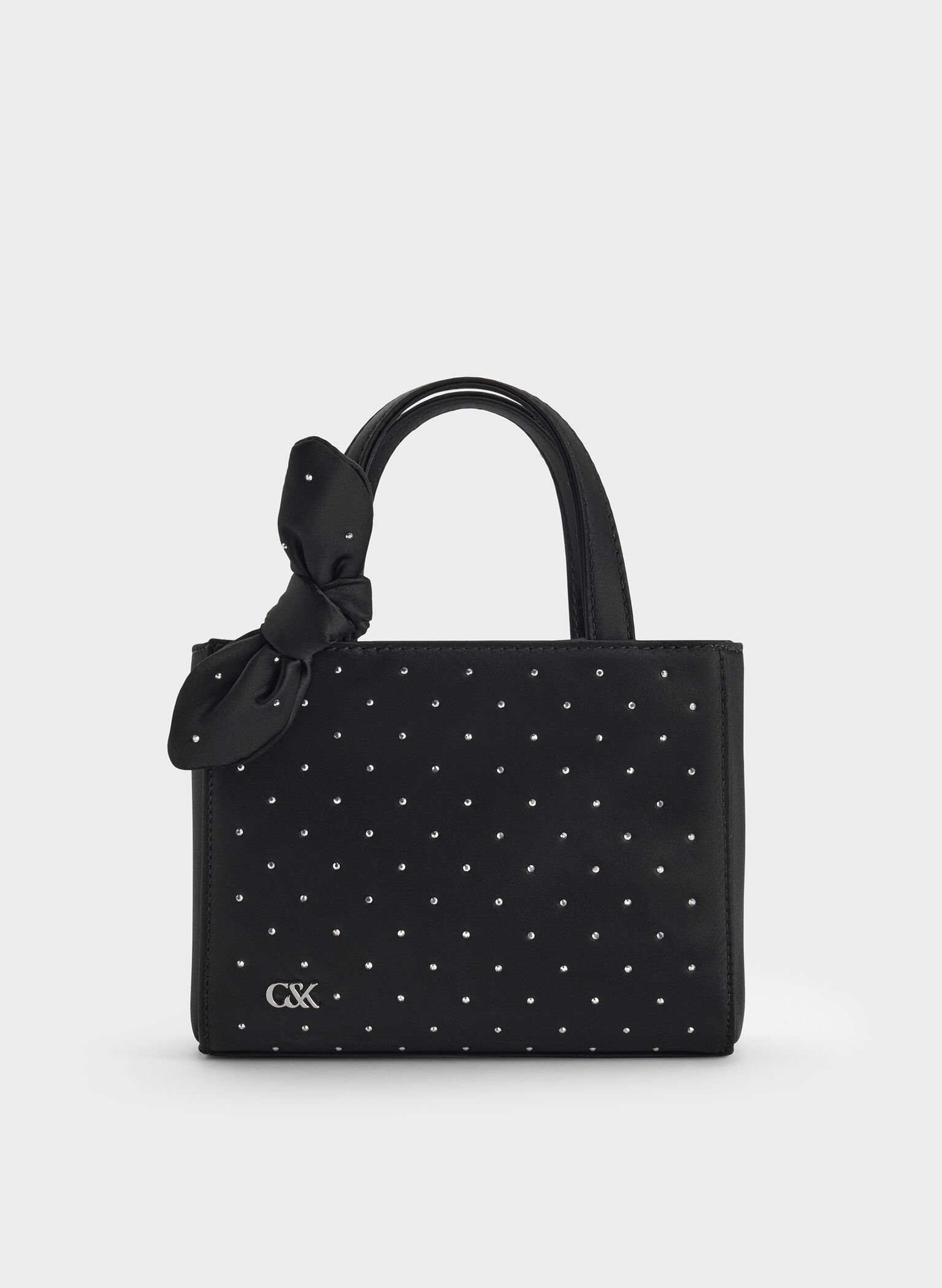 Satin Studded Knotted-Bow Mini Bag, Noir Studded Satin, hi-res