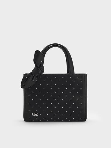 Satin Studded Knotted-Bow Mini Bag, Noir Studded Satin, hi-res