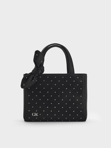 Satin Studded Knotted-Bow Mini Bag, Noir Studded Satin, hi-res