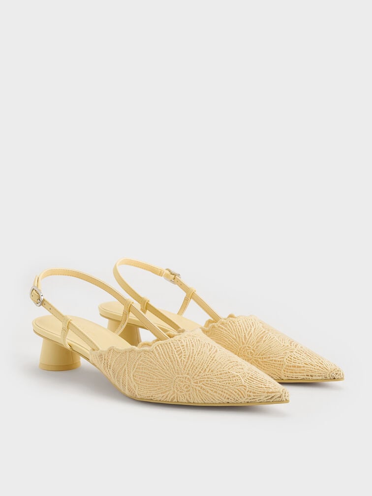Crochet Floral Pointed-Toe Slingback Pumps, Yellow, hi-res
