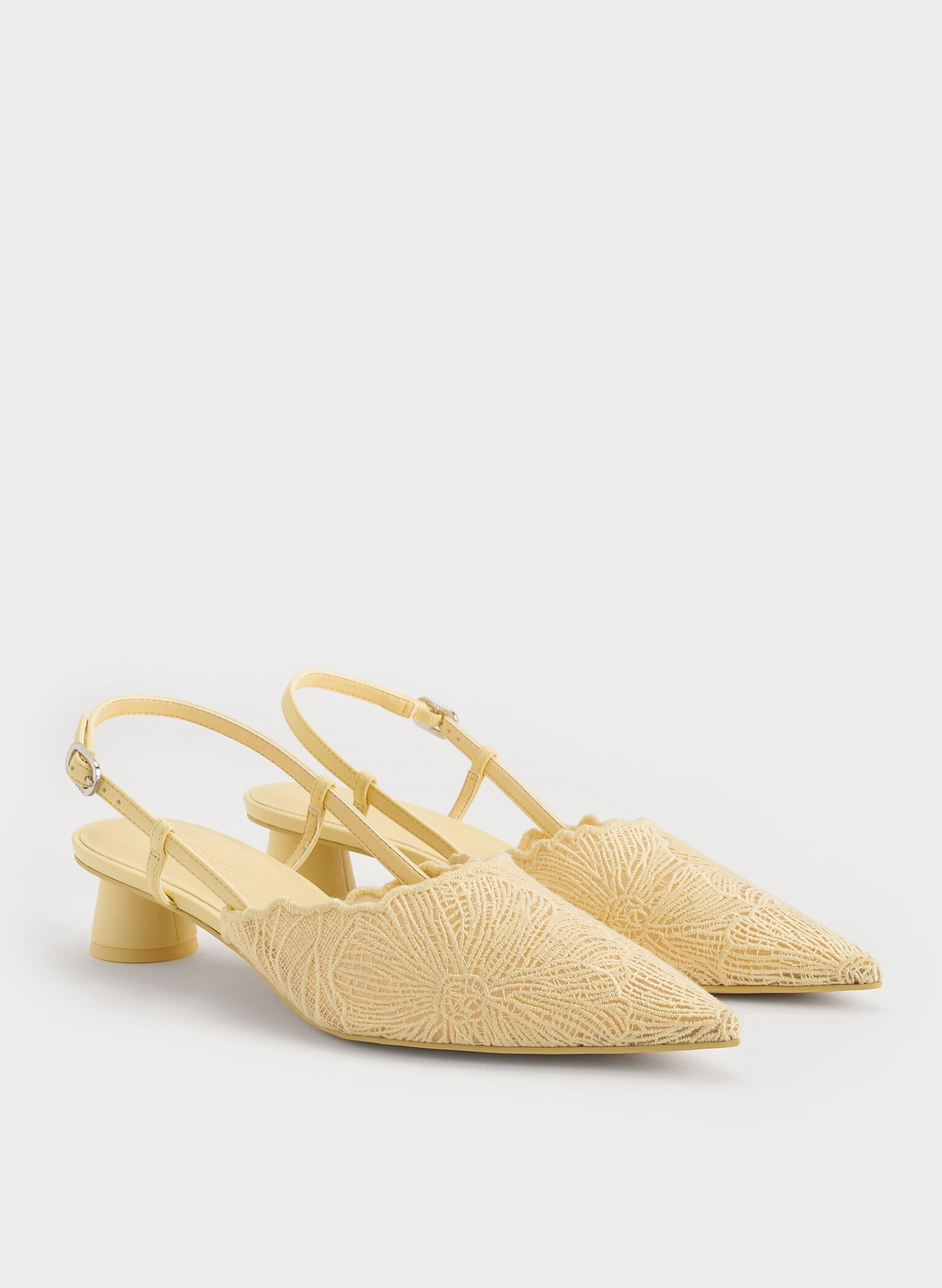 Crochet Floral Pointed-Toe Slingback Pumps, Yellow, hi-res