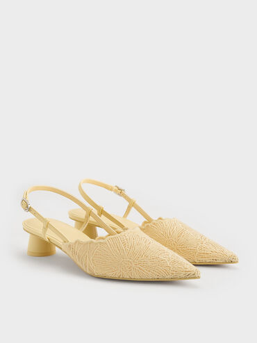 Crochet Floral Pointed-Toe Slingback Pumps, Yellow, hi-res