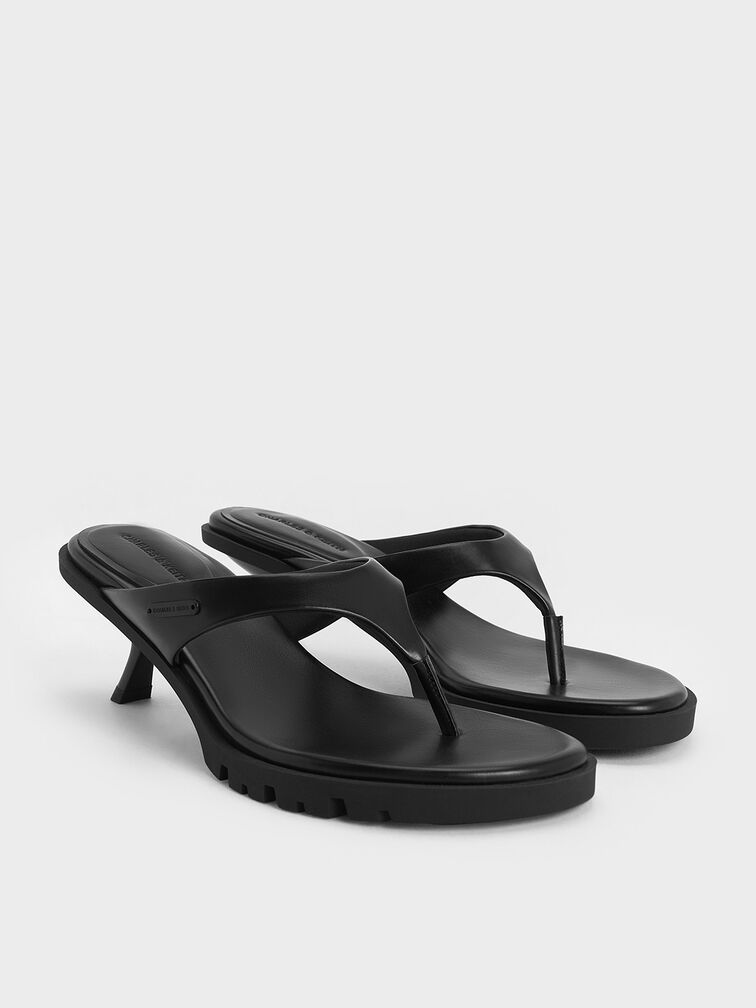 V-Strap Slant-Heel Thong Mules, Black, hi-res