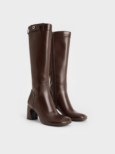 Block-Heel Knee-High Biker Boots, Dark Brown, hi-res