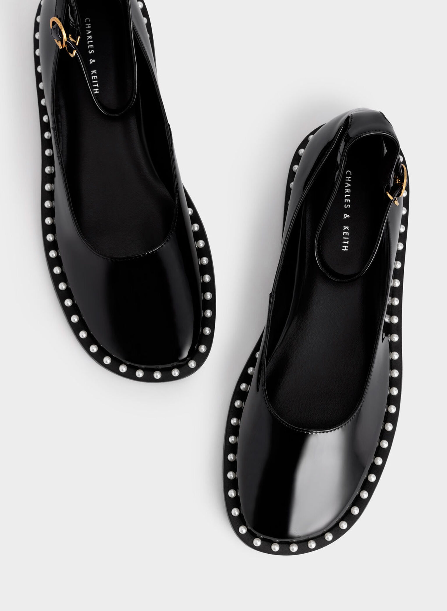 Bead-Embellished Patent Ankle Strap Ballerinas, Black, hi-res