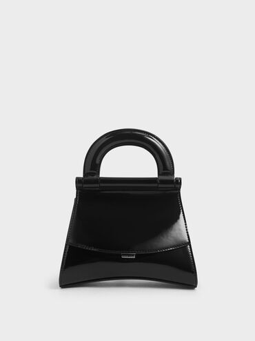 Patent Top Handle Bag, Black, hi-res