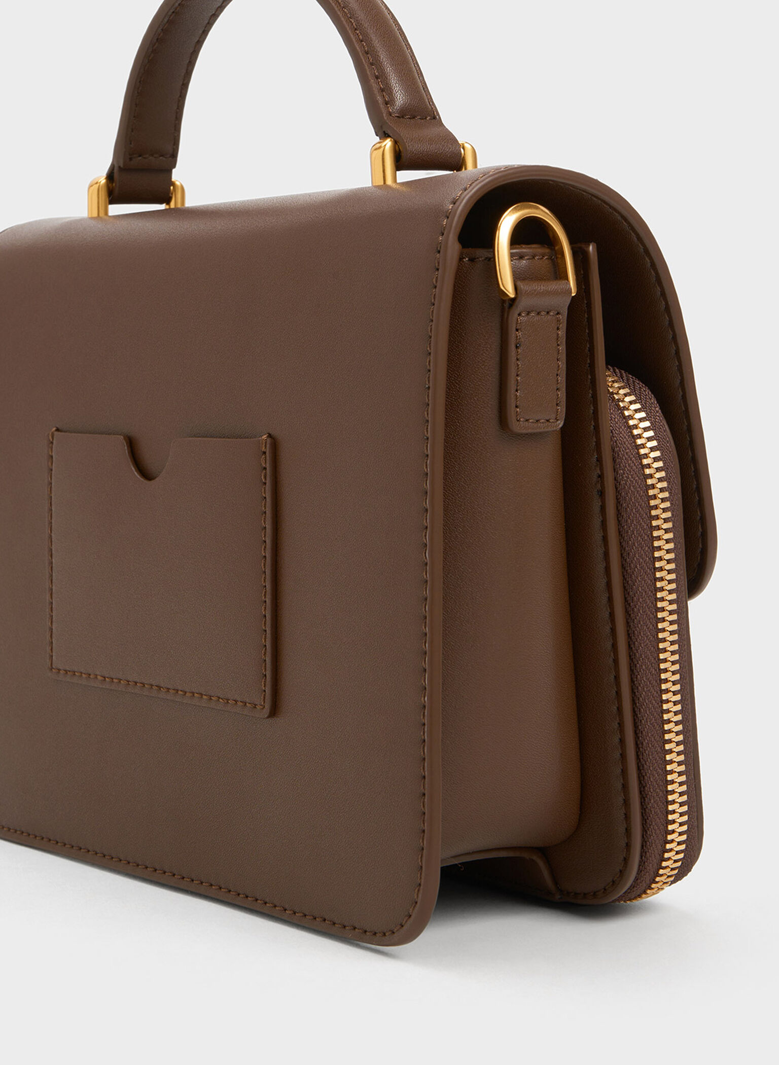 Front Flap Top Handle Bag, Dark Brown, hi-res