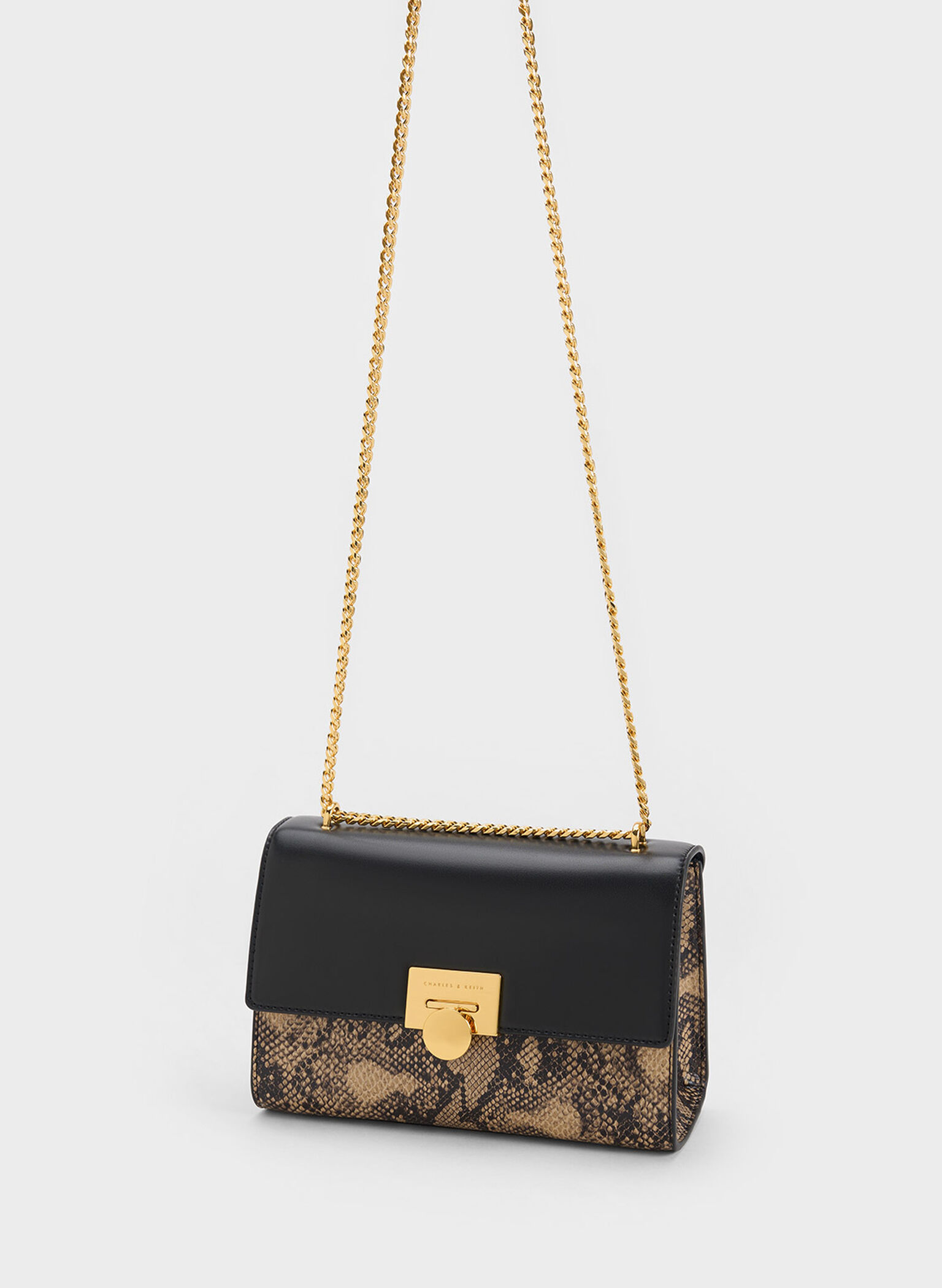 Snake Print Metallic Accent Clutch, Beige, hi-res