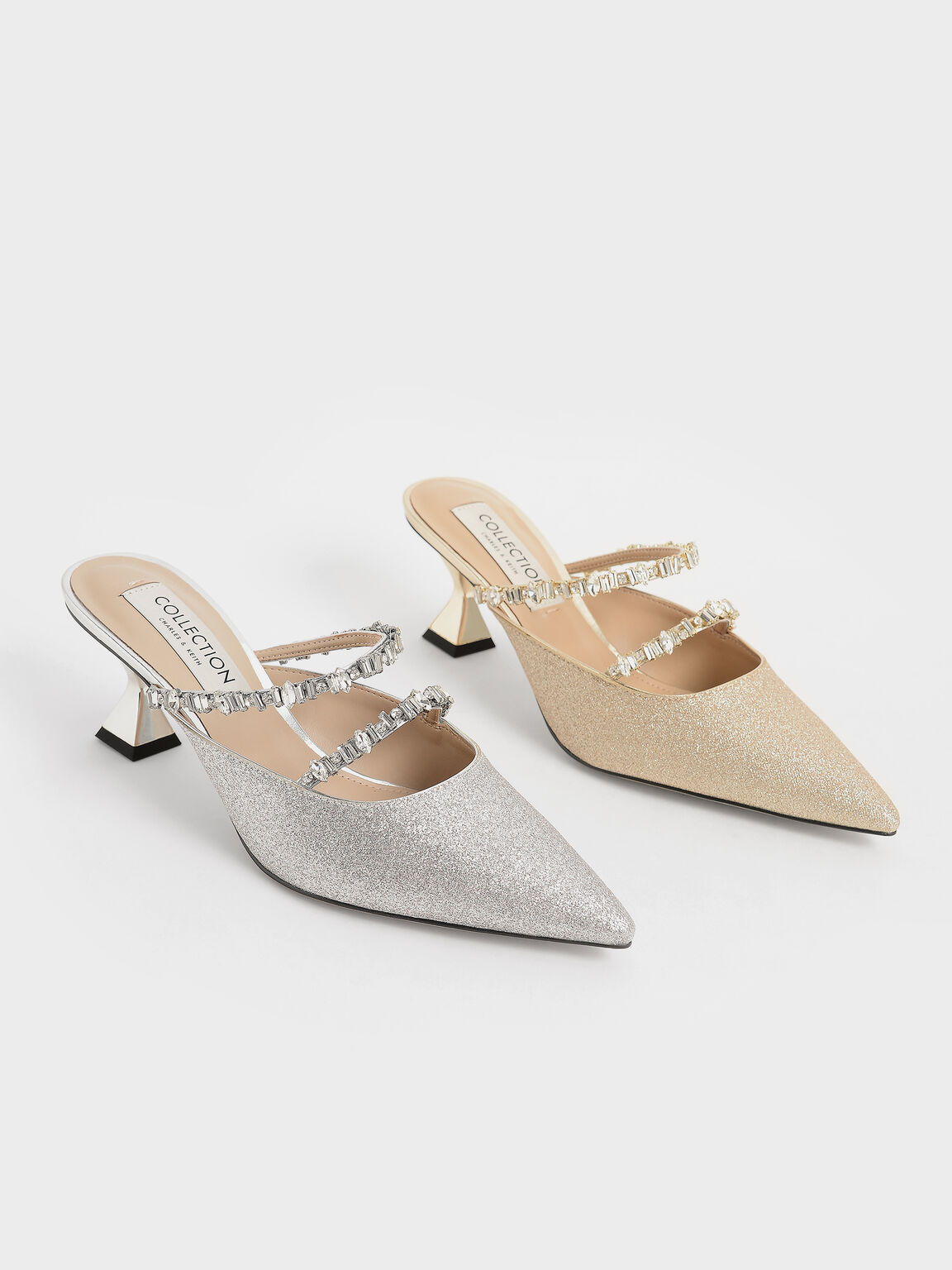 Wedding Collection: Gem-Encrusted Metallic Glitter Mules, Silver, hi-res
