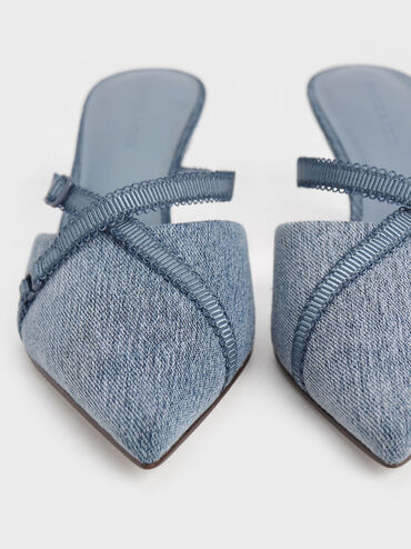 Denim Grosgrain-Strap Pointed-Toe Mules, Denim Blue, hi-res