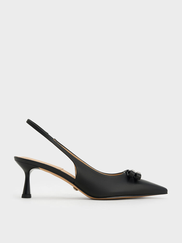 Black Bow Crystal-Embellished Leather Slingback Pumps - CHARLES & KEITH UK