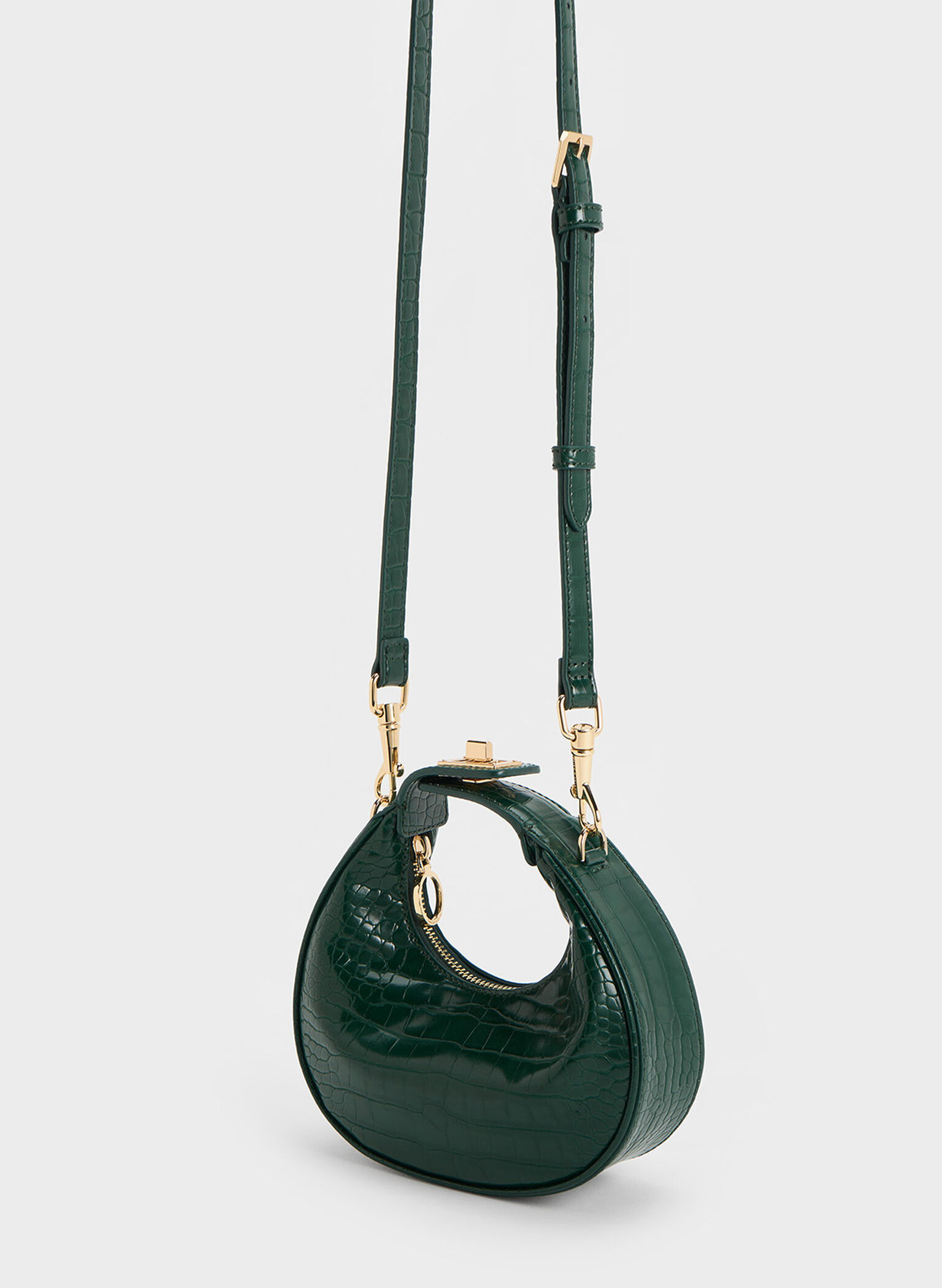 Mini Croc-Effect Moon Bag, Dark Green, hi-res