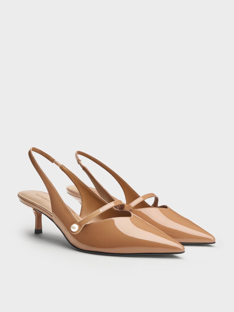 Helena Patent Pearl-Buckle Slingback Kitten Heels, Caramel, hi-res