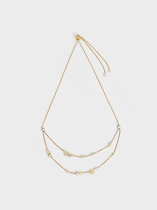 Snowflake-Motif Pearl & Crystal Double Necklace, Gold, hi-res
