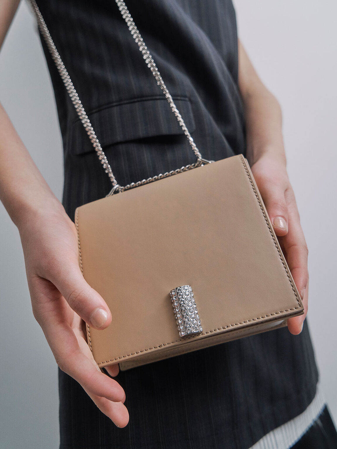 Leather Chain Strap Boxy Bag, Nude, hi-res