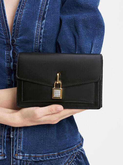 Padlock Envelope Crossbody Bag, Black, hi-res