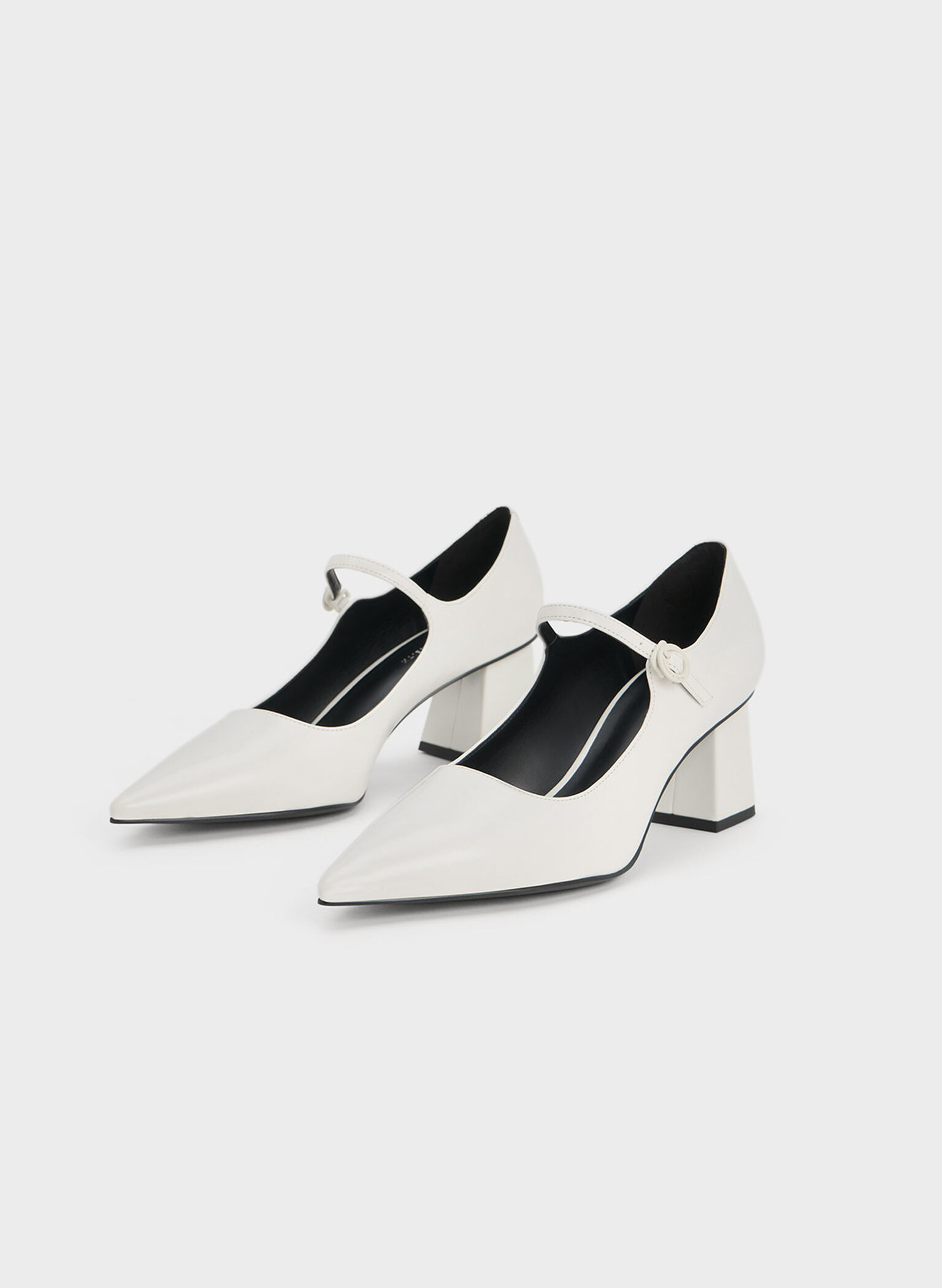 Pointed-Toe Mary Jane Pumps, White, hi-res
